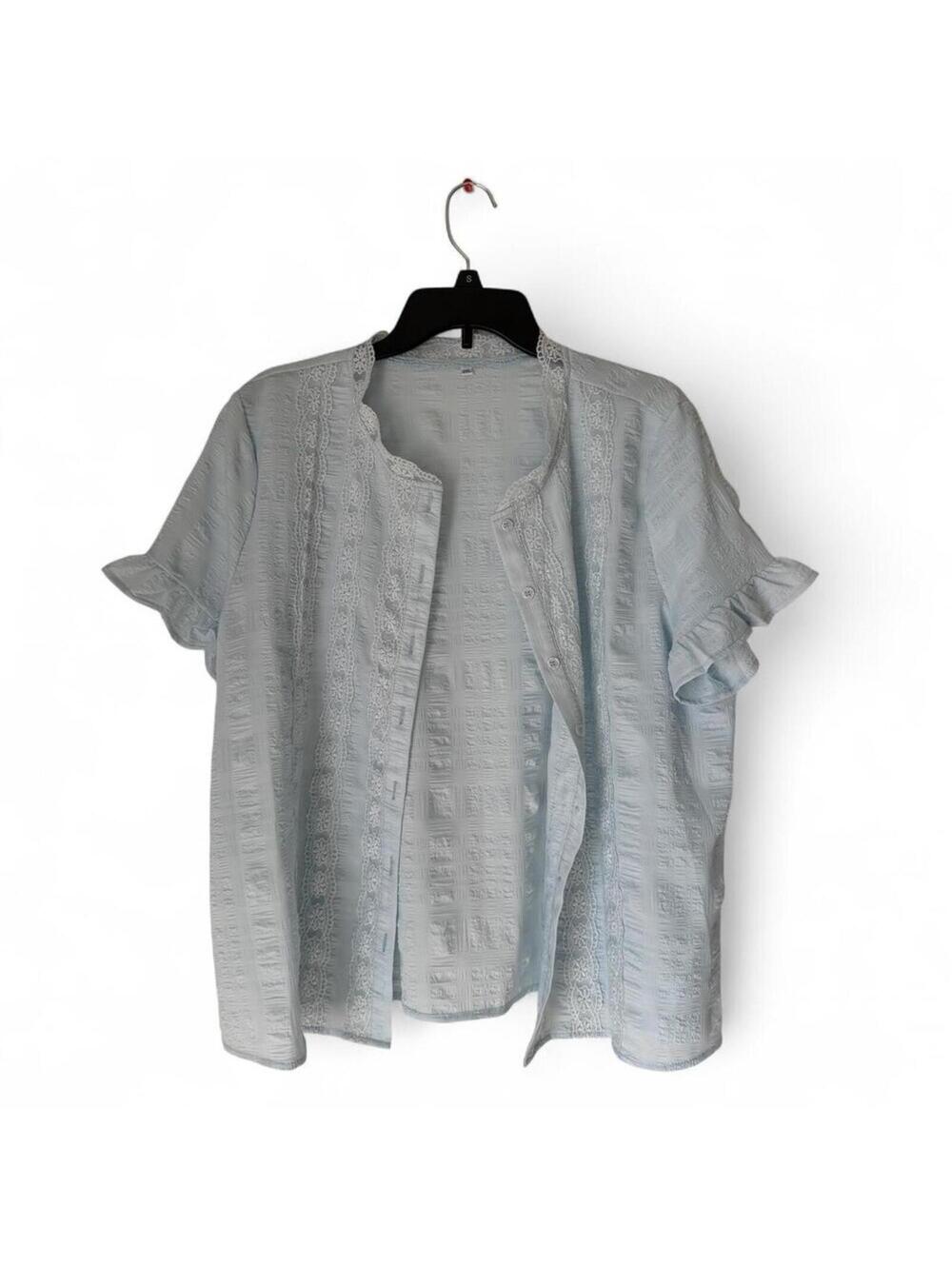 Women's light Blue Blouse sheer button up ruffled sleeves lace details XXL